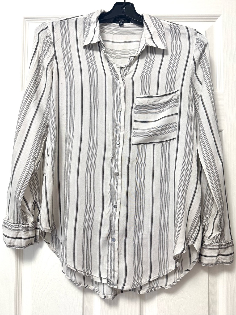 Dynamite White and Grey Striped Button-Up Blouse